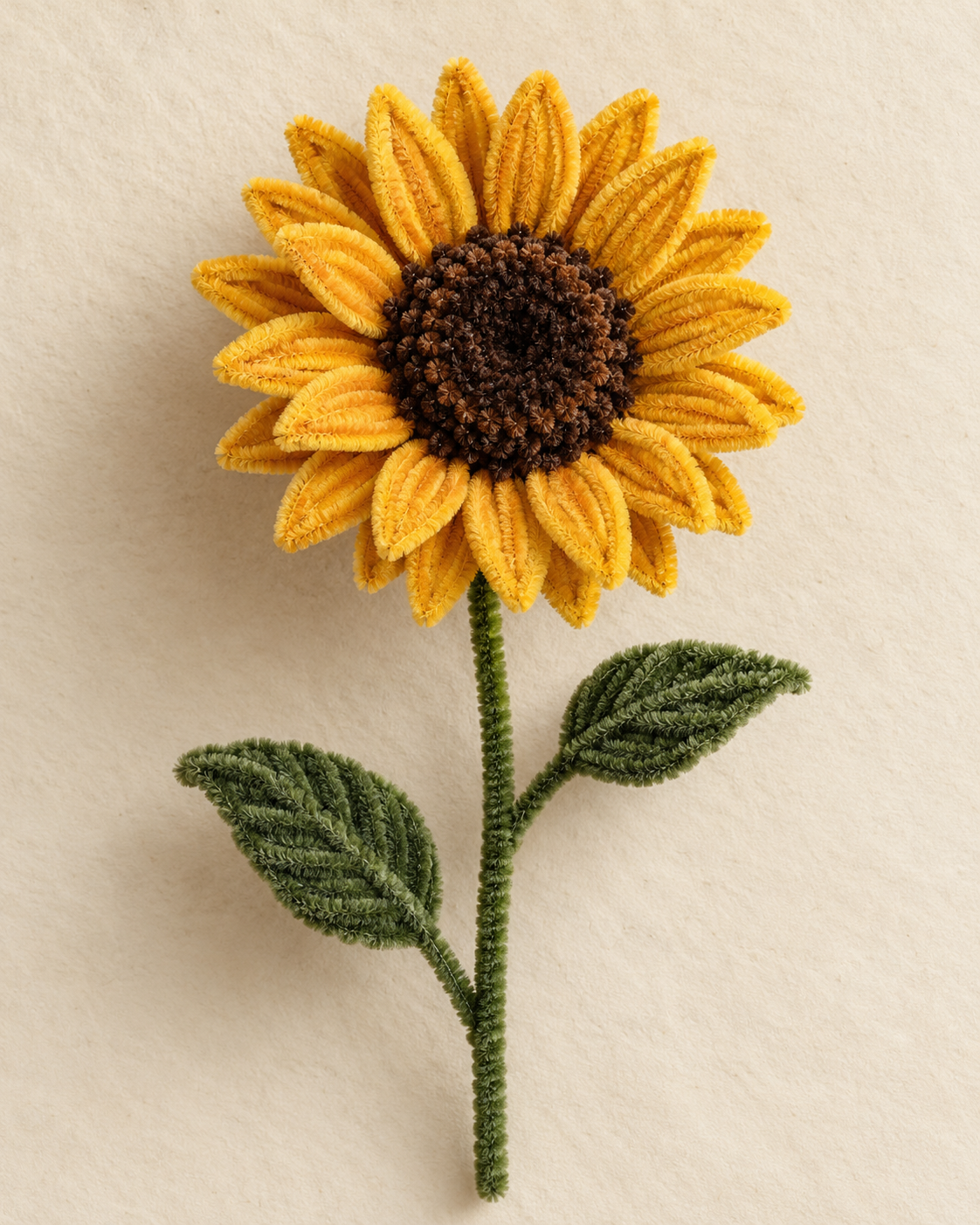 A finished sunflower made from chenille stems, on cream paper
