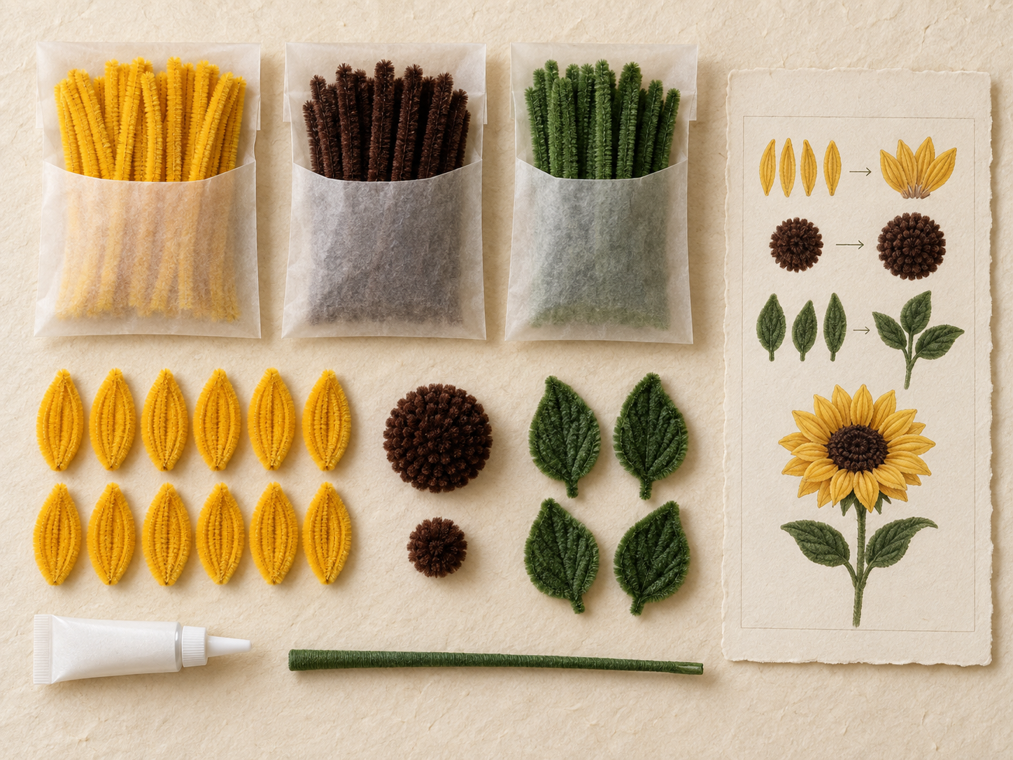 Overhead view of one sunflower kit