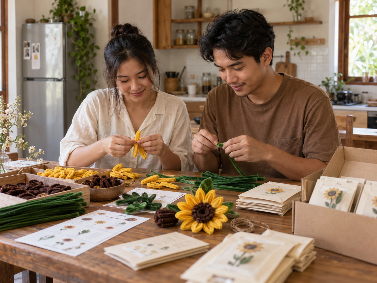 The two of us assembling flowers and packing kits at our kitchen table